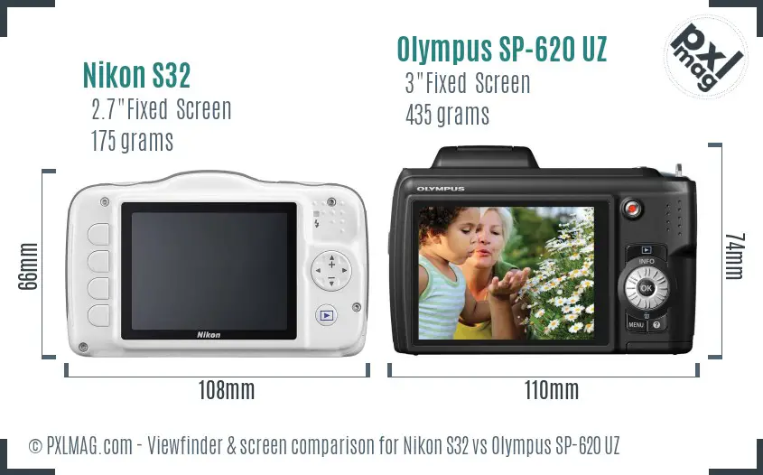 Nikon S32 vs Olympus SP-620 UZ Screen and Viewfinder comparison
