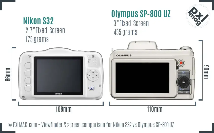 Nikon S32 vs Olympus SP-800 UZ Screen and Viewfinder comparison