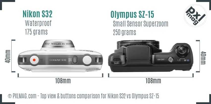 Nikon S32 vs Olympus SZ-15 top view buttons comparison