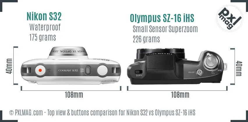 Nikon S32 vs Olympus SZ-16 iHS top view buttons comparison Nikon S32 vs Olympus SZ-16 iHS top view buttons comparison