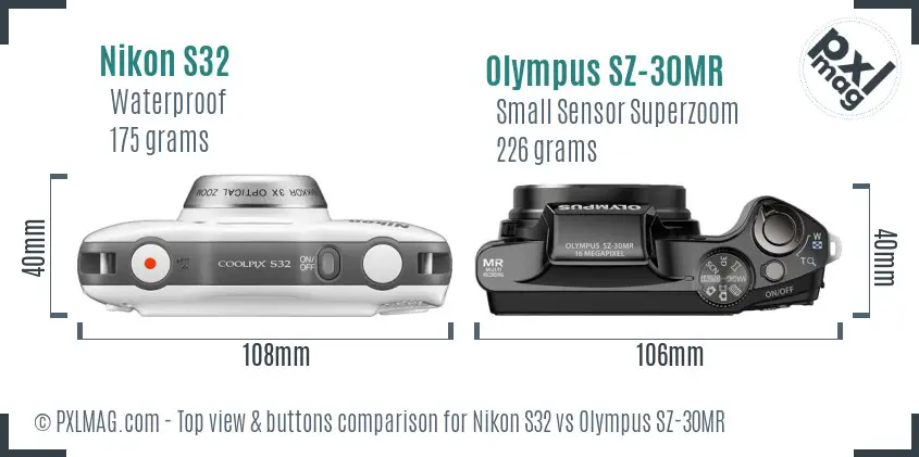 Nikon S32 vs Olympus SZ-30MR top view buttons comparison