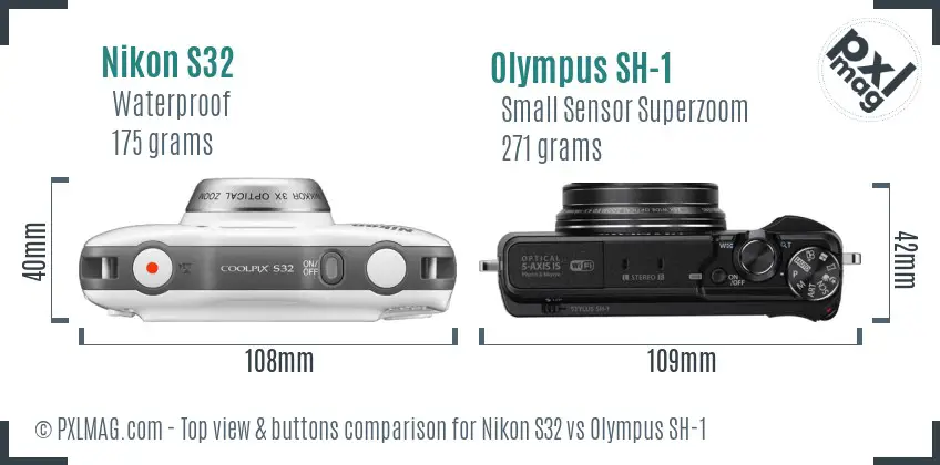 Nikon S32 vs Olympus SH-1 top view buttons comparison
