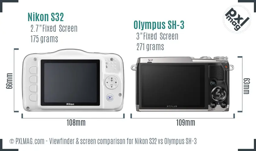 Nikon S32 vs Olympus SH-3 Screen and Viewfinder comparison