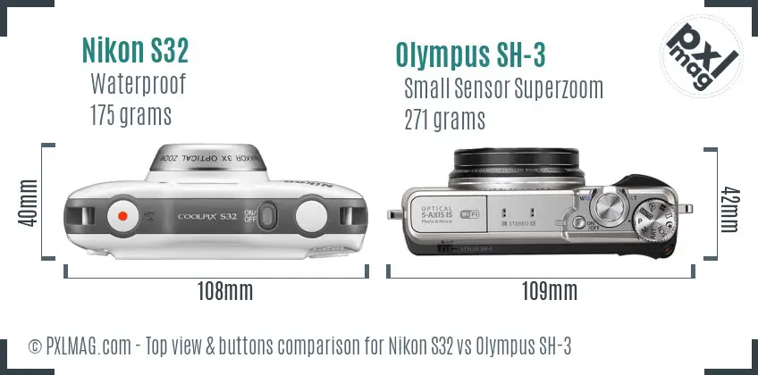 Nikon S32 vs Olympus SH-3 top view buttons comparison