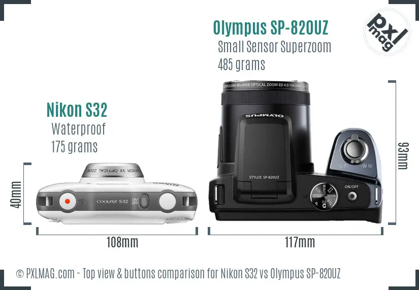 Nikon S32 vs Olympus SP-820UZ top view buttons comparison Nikon S32 vs Olympus SP-820UZ top view buttons comparison