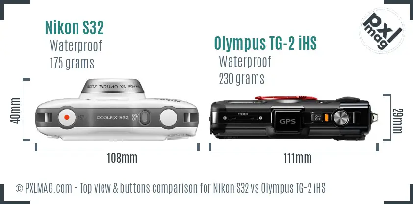 Nikon S32 vs Olympus TG-2 iHS top view buttons comparison Nikon S32 vs Olympus TG-2 iHS top view buttons comparison
