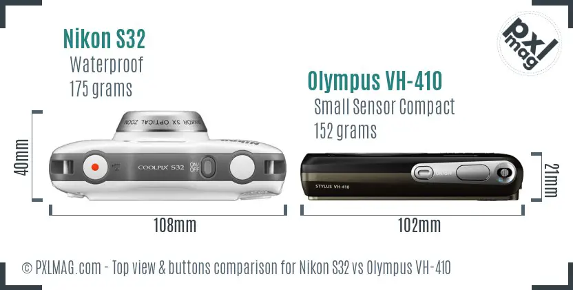 Nikon S32 vs Olympus VH-410 top view buttons comparison Nikon S32 vs Olympus VH-410 top view buttons comparison