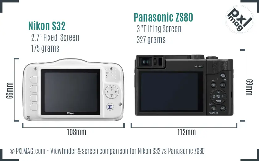 Nikon S32 vs Panasonic ZS80 Screen and Viewfinder comparison