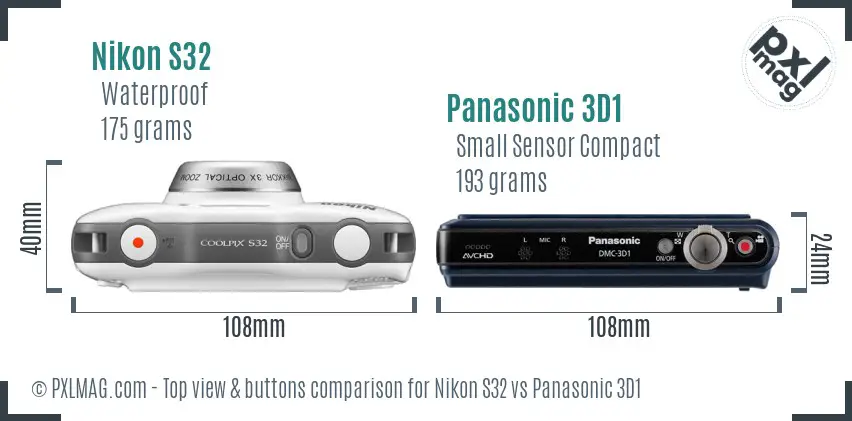 Nikon S32 vs Panasonic 3D1 top view buttons comparison