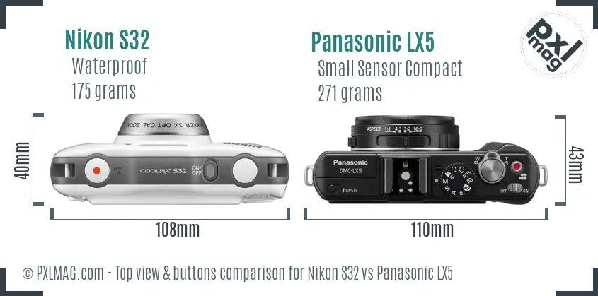 Nikon S32 vs Panasonic LX5 top view buttons comparison