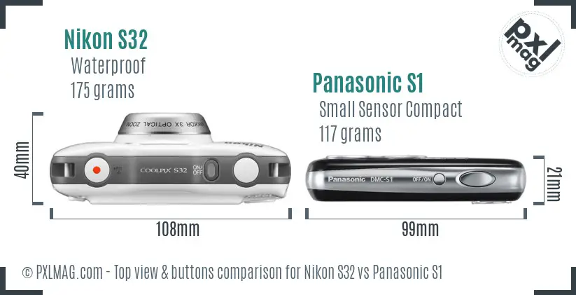 Nikon S32 vs Panasonic S1 top view buttons comparison Nikon S32 vs Panasonic S1 top view buttons comparison