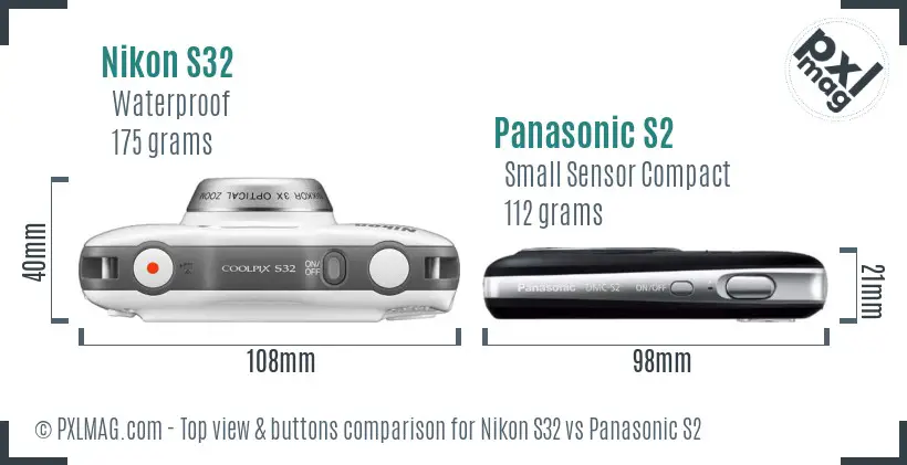 Nikon S32 vs Panasonic S2 top view buttons comparison Nikon S32 vs Panasonic S2 top view buttons comparison