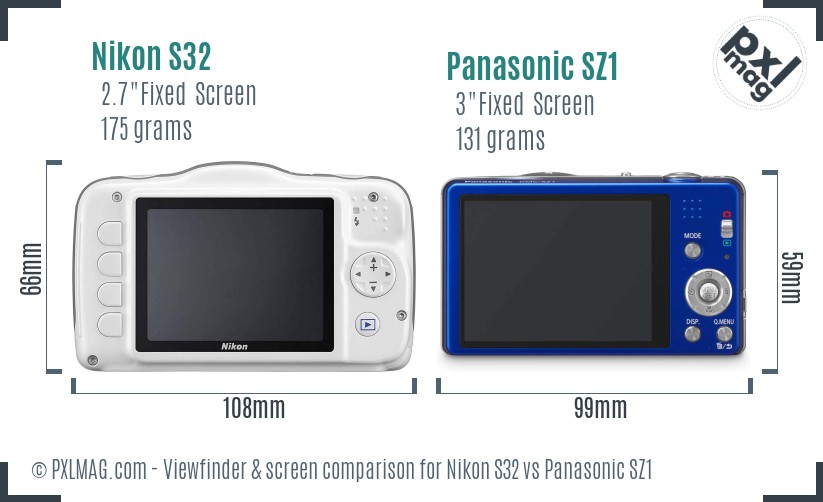 Nikon S32 vs Panasonic SZ1 Screen and Viewfinder comparison
