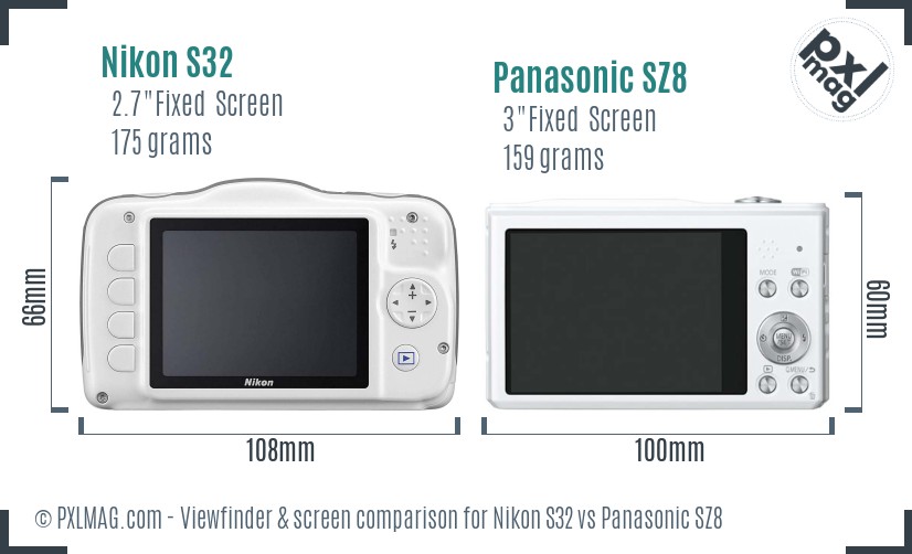 Nikon S32 vs Panasonic SZ8 Screen and Viewfinder comparison