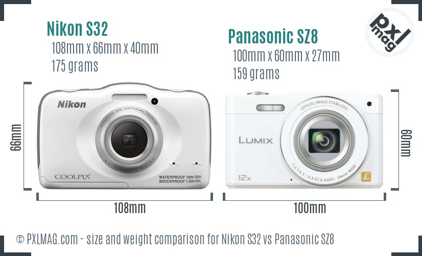 Nikon S32 vs Panasonic SZ8 size comparison