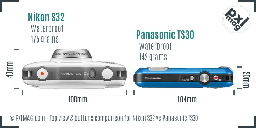 Nikon S32 vs Panasonic TS30 top view buttons comparison Nikon S32 vs Panasonic TS30 top view buttons comparison