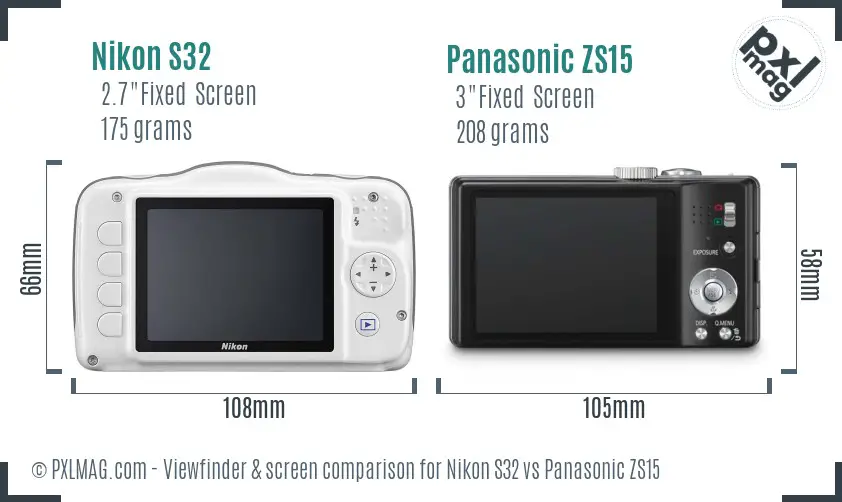 Nikon S32 vs Panasonic ZS15 Screen and Viewfinder comparison