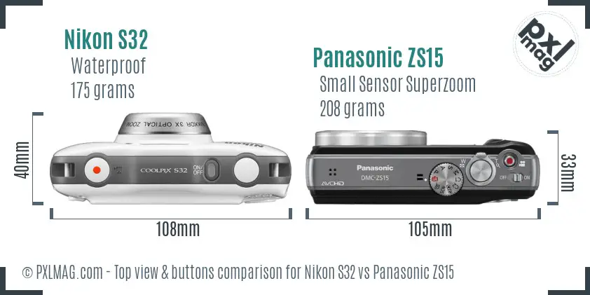 Nikon S32 vs Panasonic ZS15 top view buttons comparison