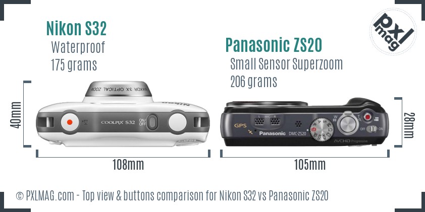 Nikon S32 vs Panasonic ZS20 top view buttons comparison