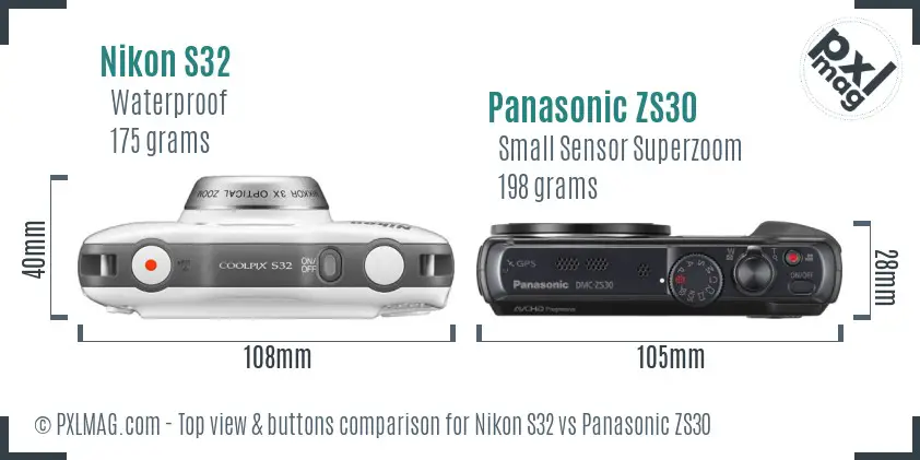 Nikon S32 vs Panasonic ZS30 top view buttons comparison
