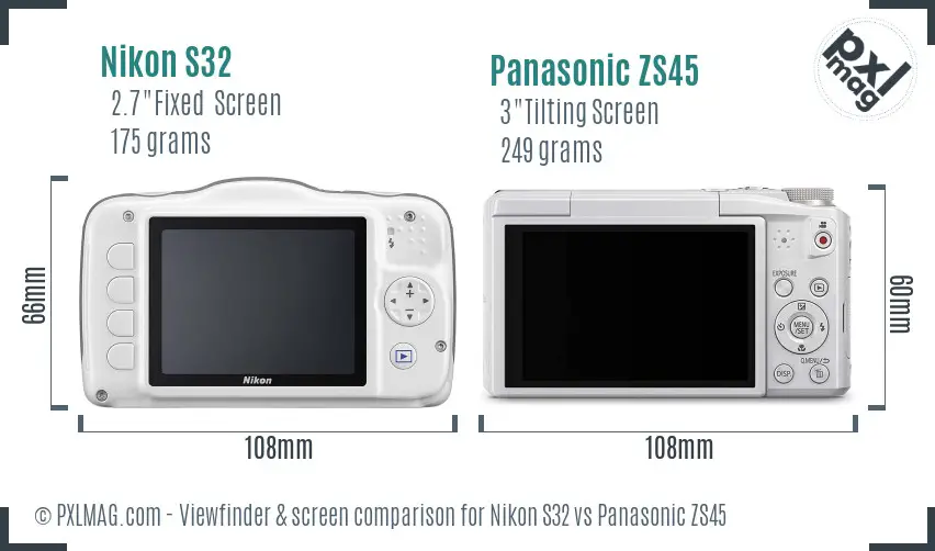 Nikon S32 vs Panasonic ZS45 Screen and Viewfinder comparison
