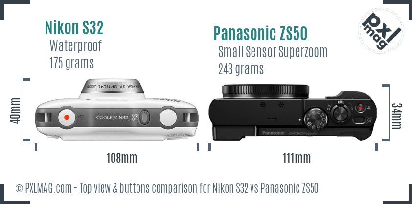 Nikon S32 vs Panasonic ZS50 top view buttons comparison