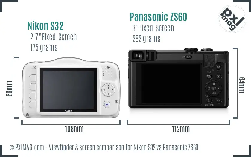 Nikon S32 vs Panasonic ZS60 Screen and Viewfinder comparison