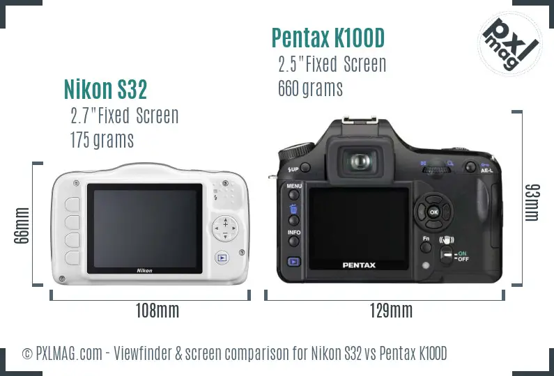 Nikon S32 vs Pentax K100D Screen and Viewfinder comparison
