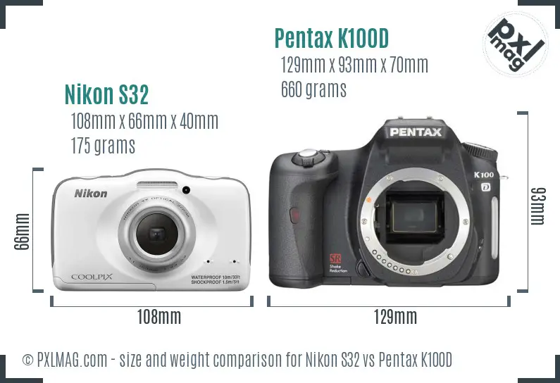Nikon S32 vs Pentax K100D size comparison