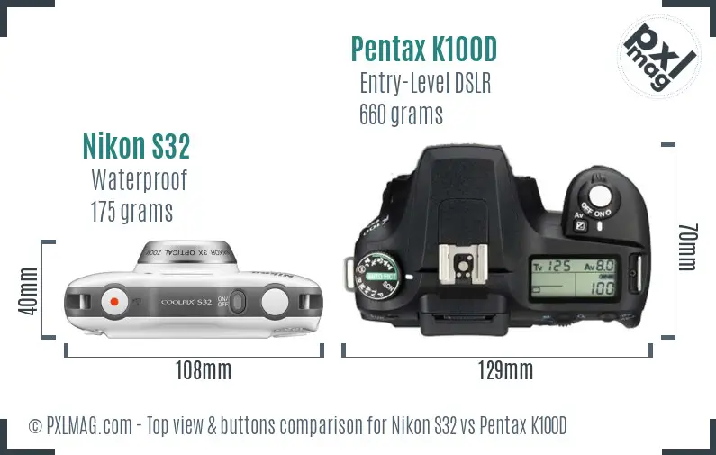 Nikon S32 vs Pentax K100D top view buttons comparison