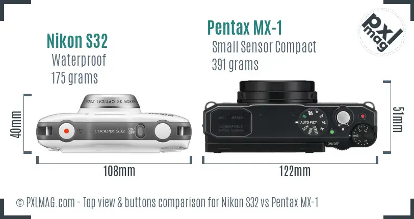 Nikon S32 vs Pentax MX-1 top view buttons comparison