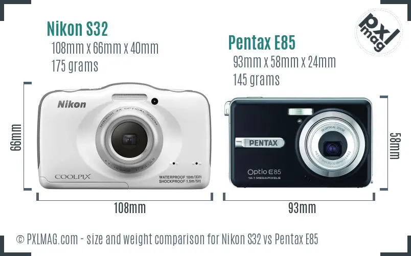 Nikon S32 vs Pentax E85 size comparison