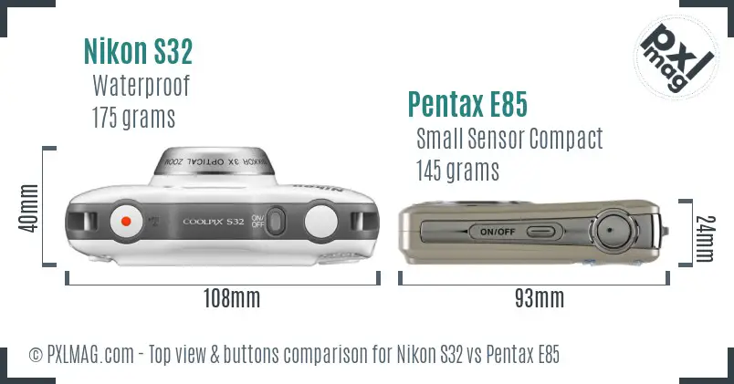 Nikon S32 vs Pentax E85 top view buttons comparison