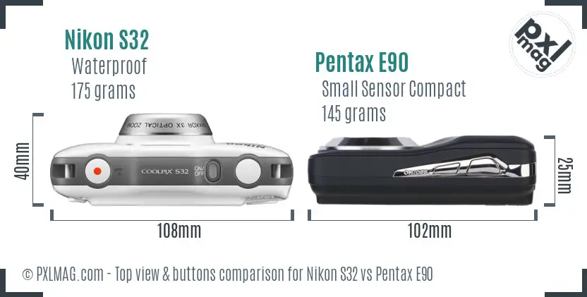 Nikon S32 vs Pentax E90 top view buttons comparison