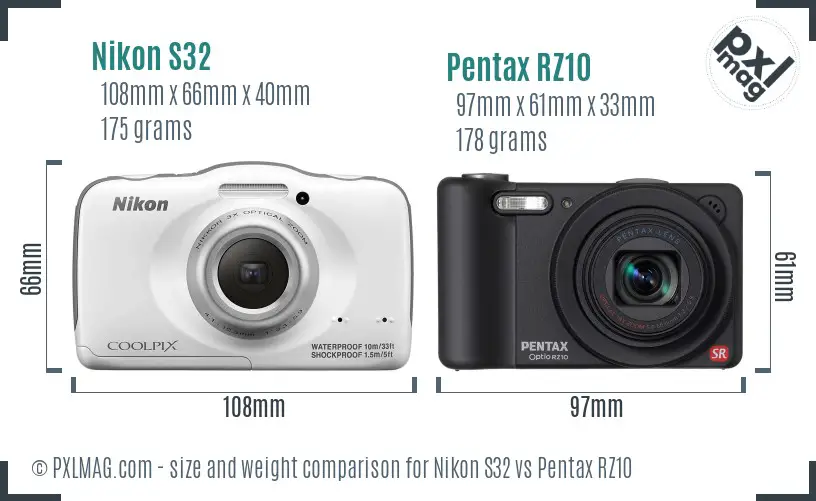 Nikon S32 vs Pentax RZ10 size comparison Nikon S32 vs Pentax RZ10 size comparison