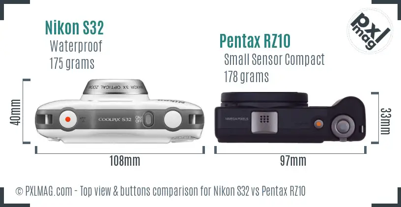 Nikon S32 vs Pentax RZ10 top view buttons comparison Nikon S32 vs Pentax RZ10 top view buttons comparison