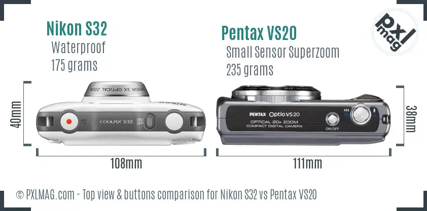 Nikon S32 vs Pentax VS20 top view buttons comparison Nikon S32 vs Pentax VS20 top view buttons comparison