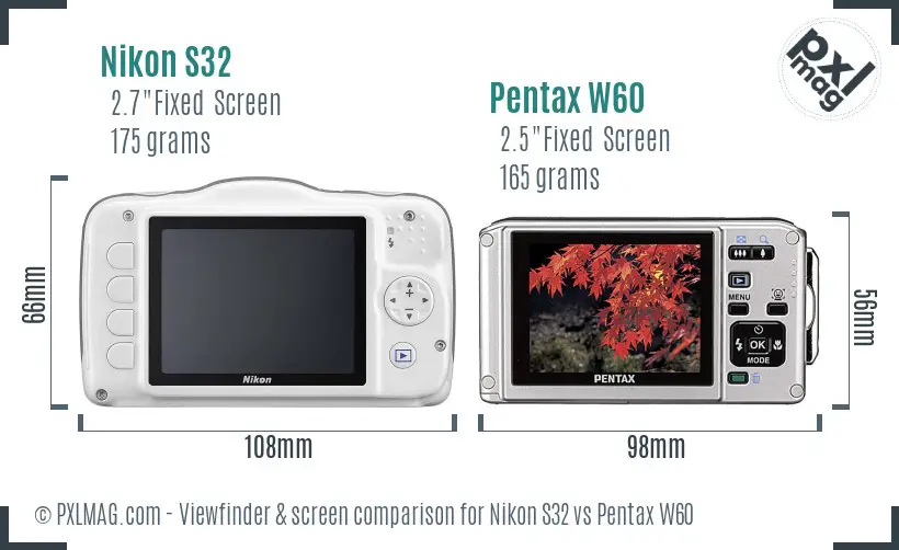 Nikon S32 vs Pentax W60 Screen and Viewfinder comparison