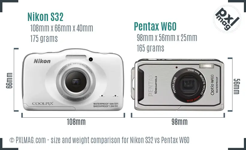 Nikon S32 vs Pentax W60 size comparison