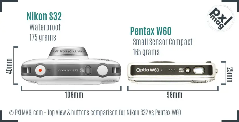 Nikon S32 vs Pentax W60 top view buttons comparison