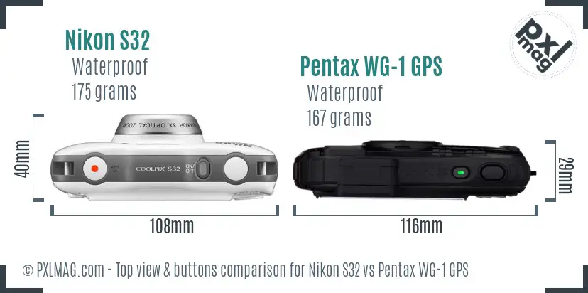Nikon S32 vs Pentax WG-1 GPS top view buttons comparison Nikon S32 vs Pentax WG-1 GPS top view buttons comparison