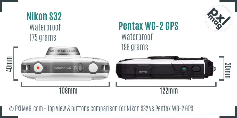 Nikon S32 vs Pentax WG-2 GPS top view buttons comparison Nikon S32 vs Pentax WG-2 GPS top view buttons comparison