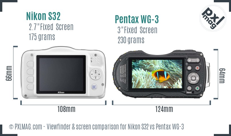 Nikon S32 vs Pentax WG-3 Screen and Viewfinder comparison