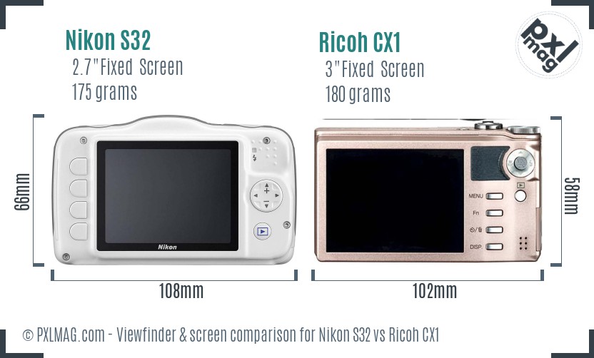 Nikon S32 vs Ricoh CX1 Screen and Viewfinder comparison