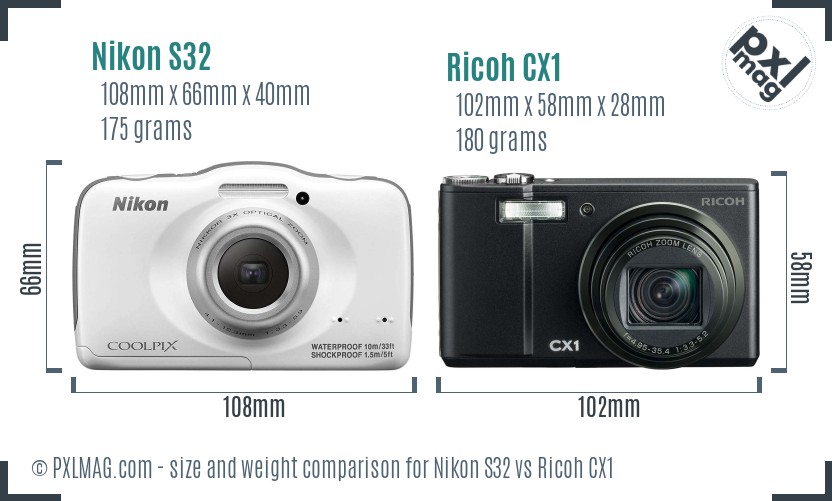 Nikon S32 vs Ricoh CX1 size comparison