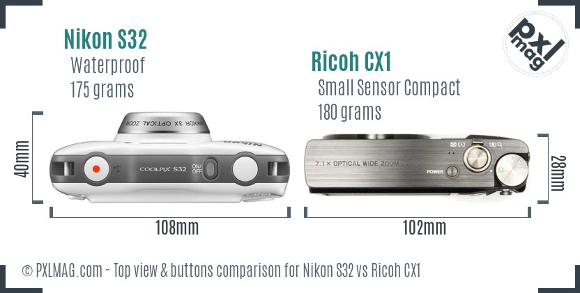 Nikon S32 vs Ricoh CX1 top view buttons comparison