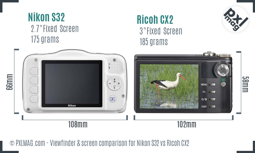 Nikon S32 vs Ricoh CX2 Screen and Viewfinder comparison