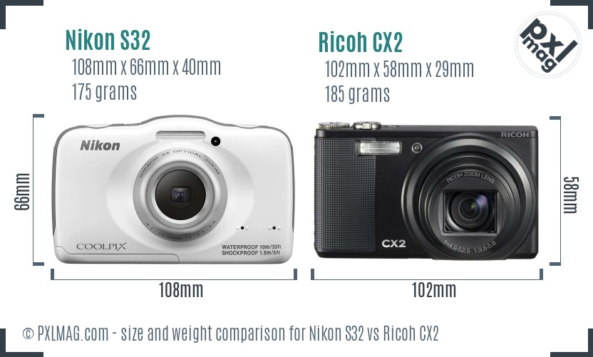 Nikon S32 vs Ricoh CX2 size comparison Nikon S32 vs Ricoh CX2 size comparison