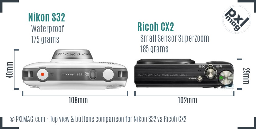 Nikon S32 vs Ricoh CX2 top view buttons comparison