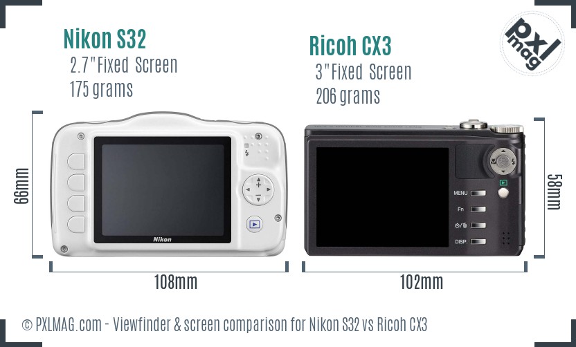 Nikon S32 vs Ricoh CX3 Screen and Viewfinder comparison
